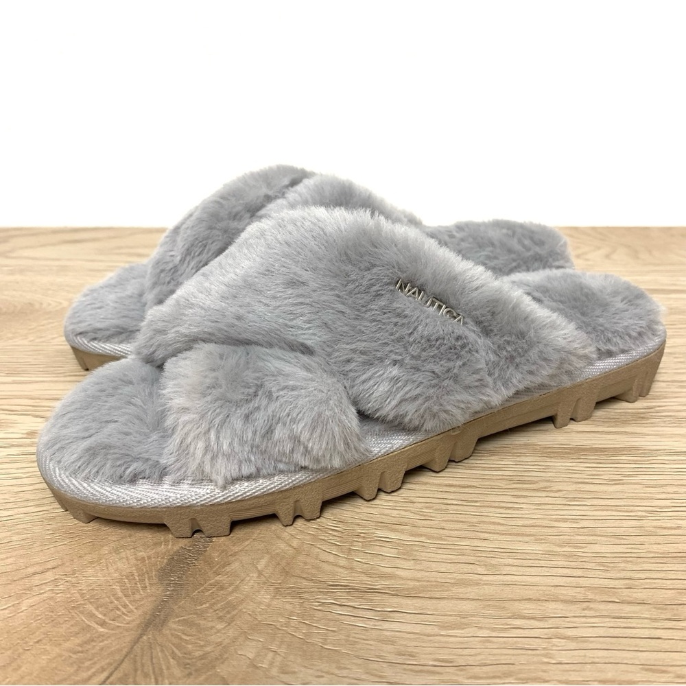 Nautica Soft Faux Fur Criss Cross Slippers Size 6‎ Grey Hard Sole Slip On Slide